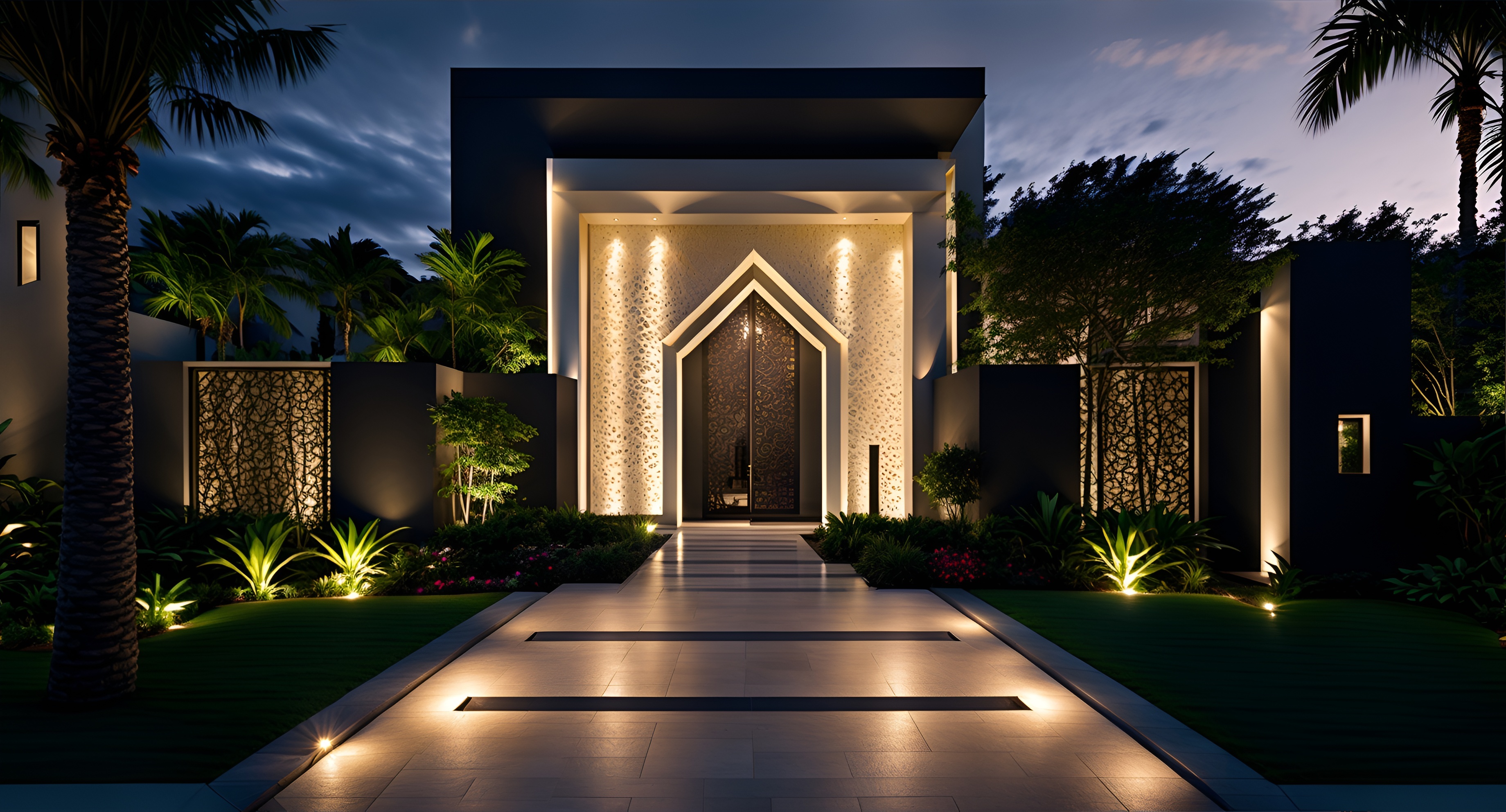 A house with a large front yard and a walkway lit up at night