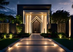 A house with a large front yard and a walkway lit up at night A house with a large front yard and a walkway lit up at night